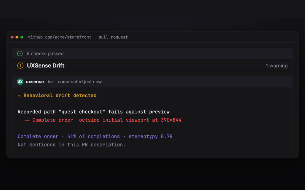 Drift check on a pull request — behavioral drift detected before merge